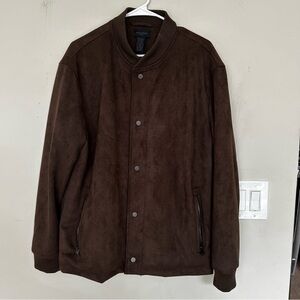 Magaschoni Man Brown Faux Leather Suede Quilted Snap Bomber Jacket Large.